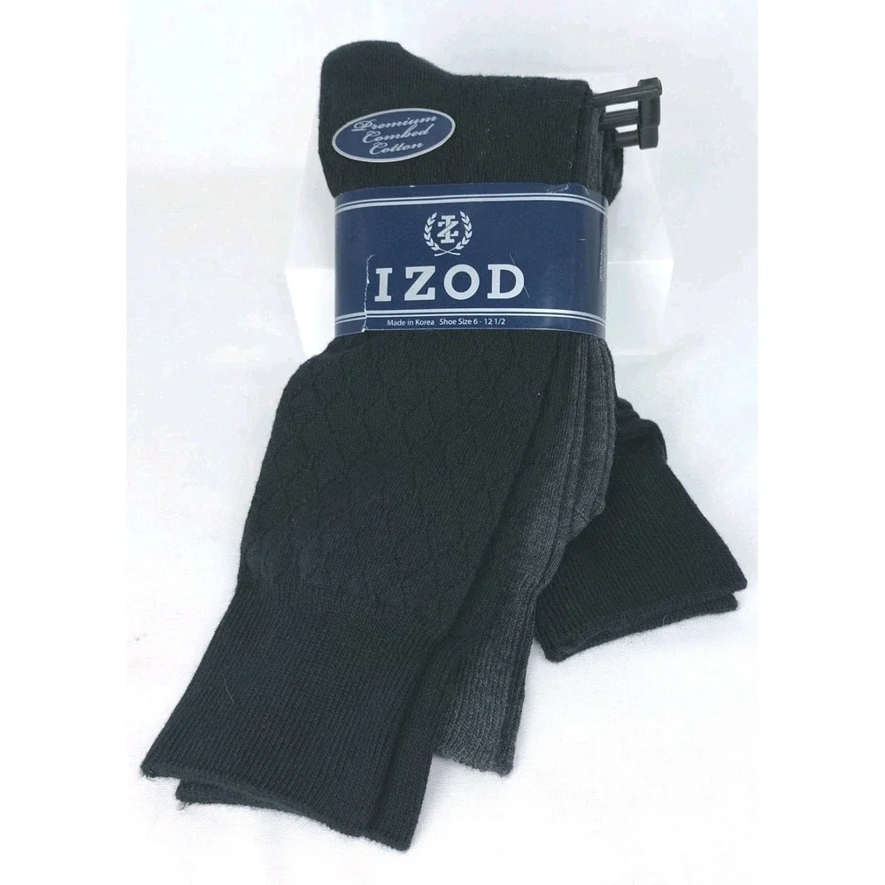 IZOD Mens Dress Socks 3-Pack Crew 2-Black 1-Gray Combed Cotton 6-12.5 New